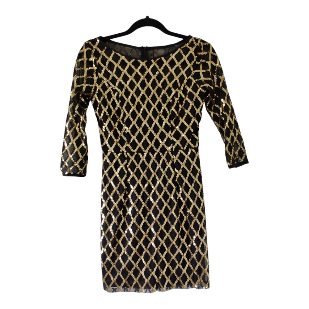 Maniju Black Sheer Gold Sequin Shimmer Bodycon Small Mini Dress 3/4 Sleeve NWT